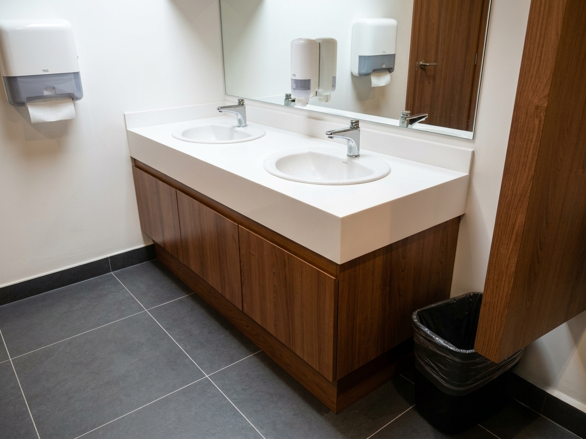 Lavaneta de Corian con mueble base en madera para restaurante