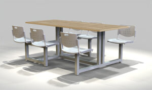 Mesa fast food rectangular con bancas fijas integrada, diseñada para comedores industriales y espacios de alto tránsito