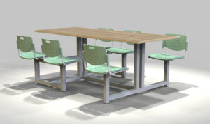 Mesa fast food rectangular con bancas fijas integrada, diseñada para comedores industriales y espacios de alto tránsito