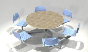 Mesa fast food redonda con bancas fijas para comedores industriales de alto tráfico