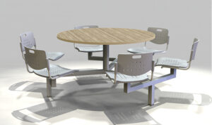 Mesa fast food redonda con bancas fijas para comedores industriales de alto tráfico